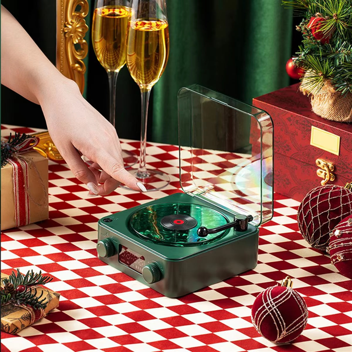 #900T Waves Vintage Vinyl Record Bluetooth Speaker with RGB Ambient Lights (Dark Green)