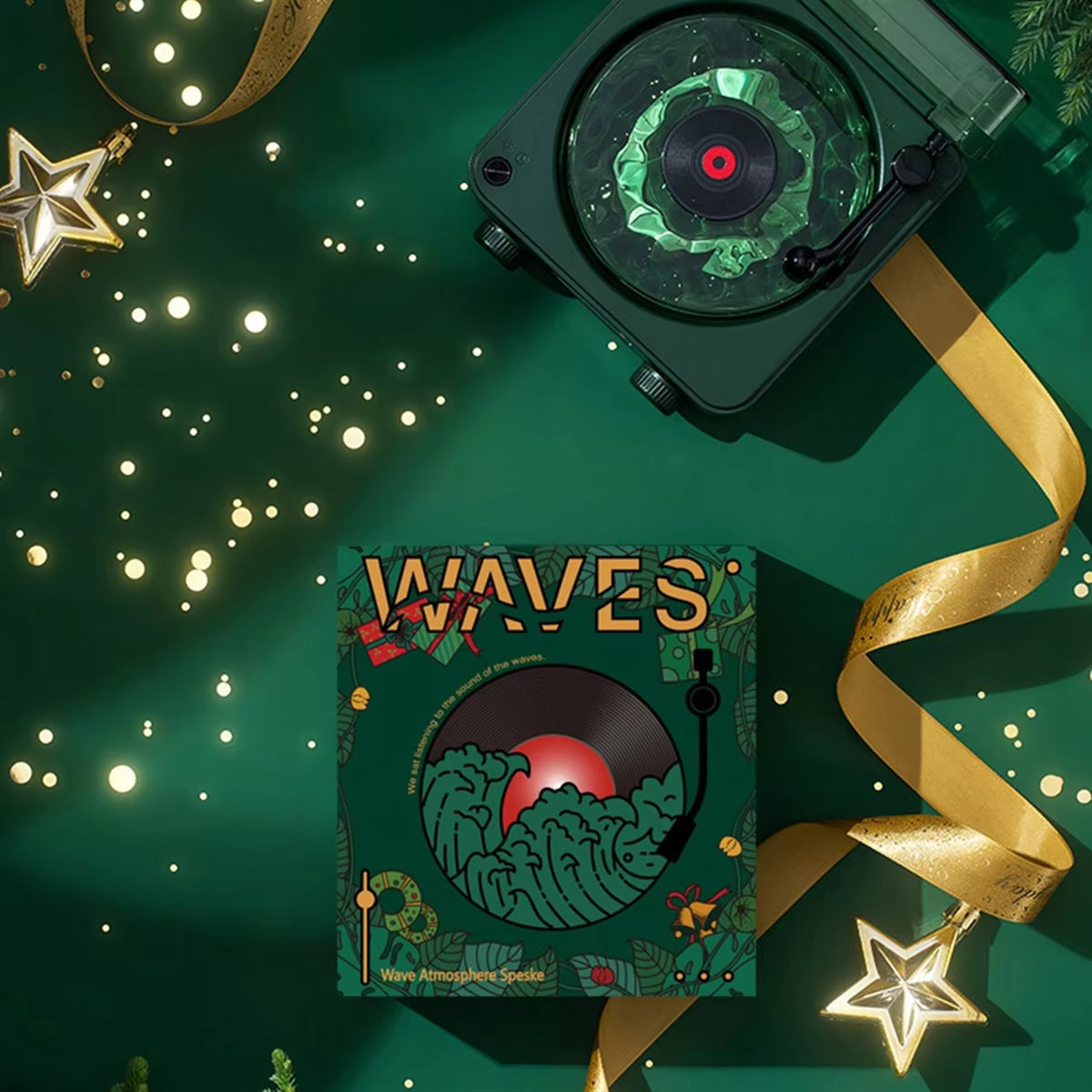 #900T Waves Vintage Vinyl Record Bluetooth Speaker with RGB Ambient Lights (Dark Green)