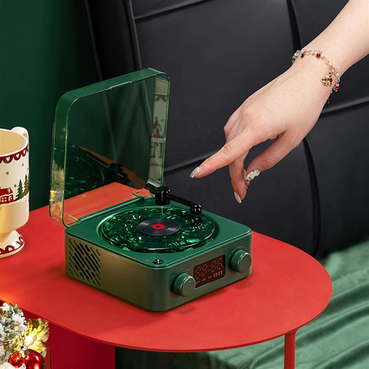 #900T Waves Vintage Vinyl Record Bluetooth Speaker with RGB Ambient Lights (Dark Green)